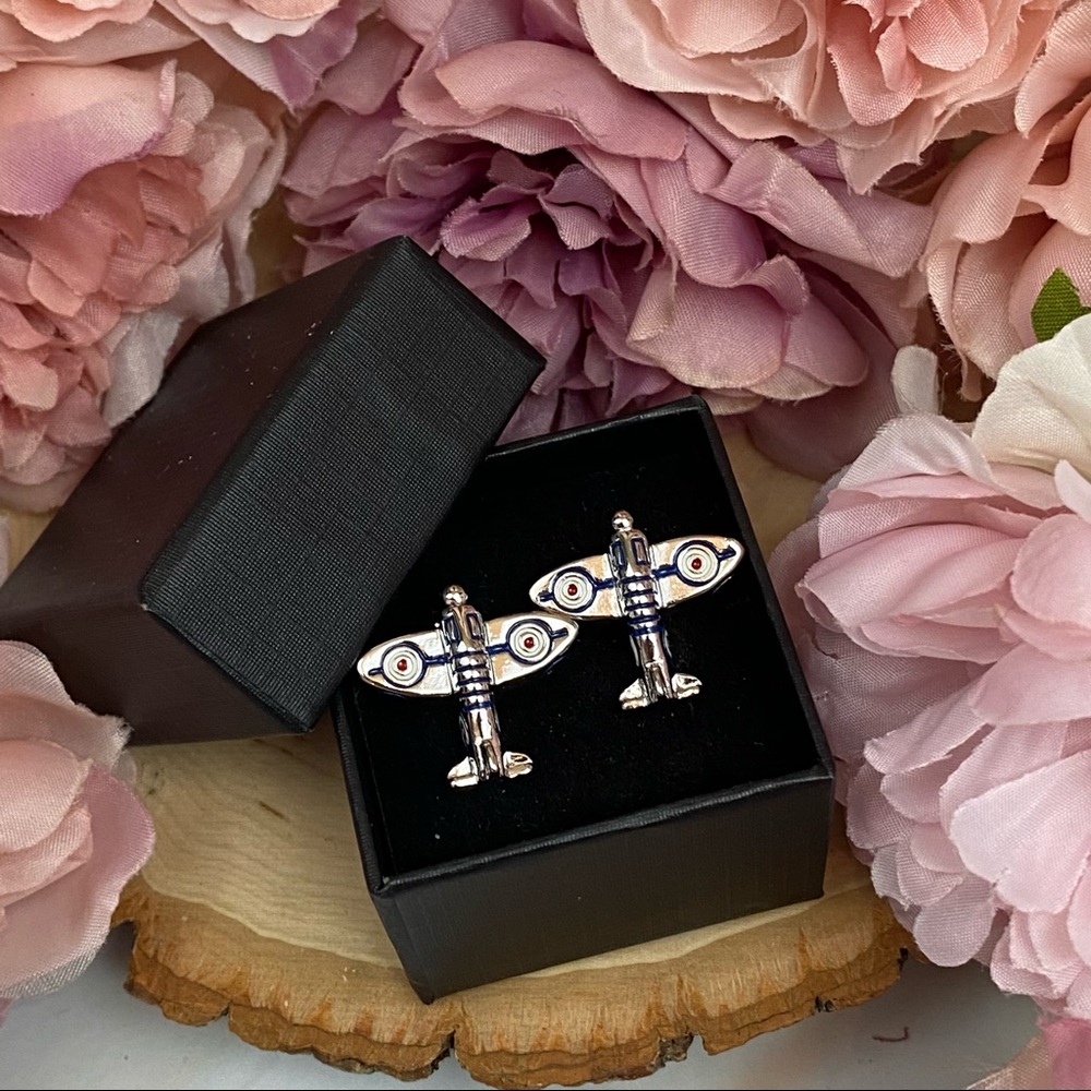 Silver Spitfire Military Airplane WWII Cufflinks - Picture 13 of 16